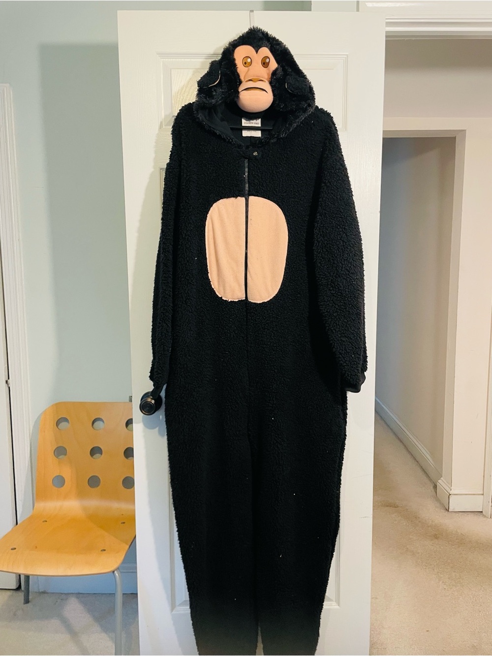 Plush Black Monkey Hooded Onesie with Beige Belly.